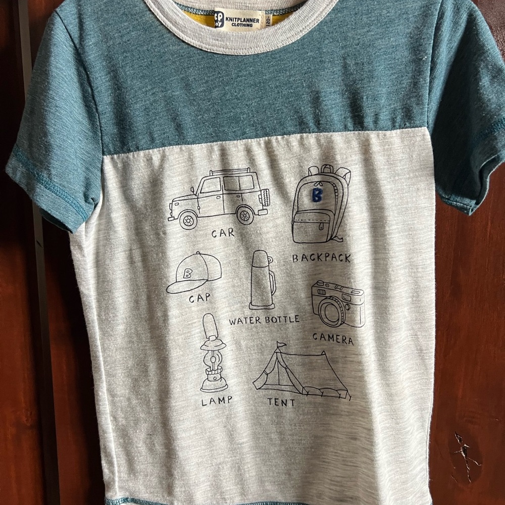 Blue and Gray Short Sleeve Tee with Illustrations